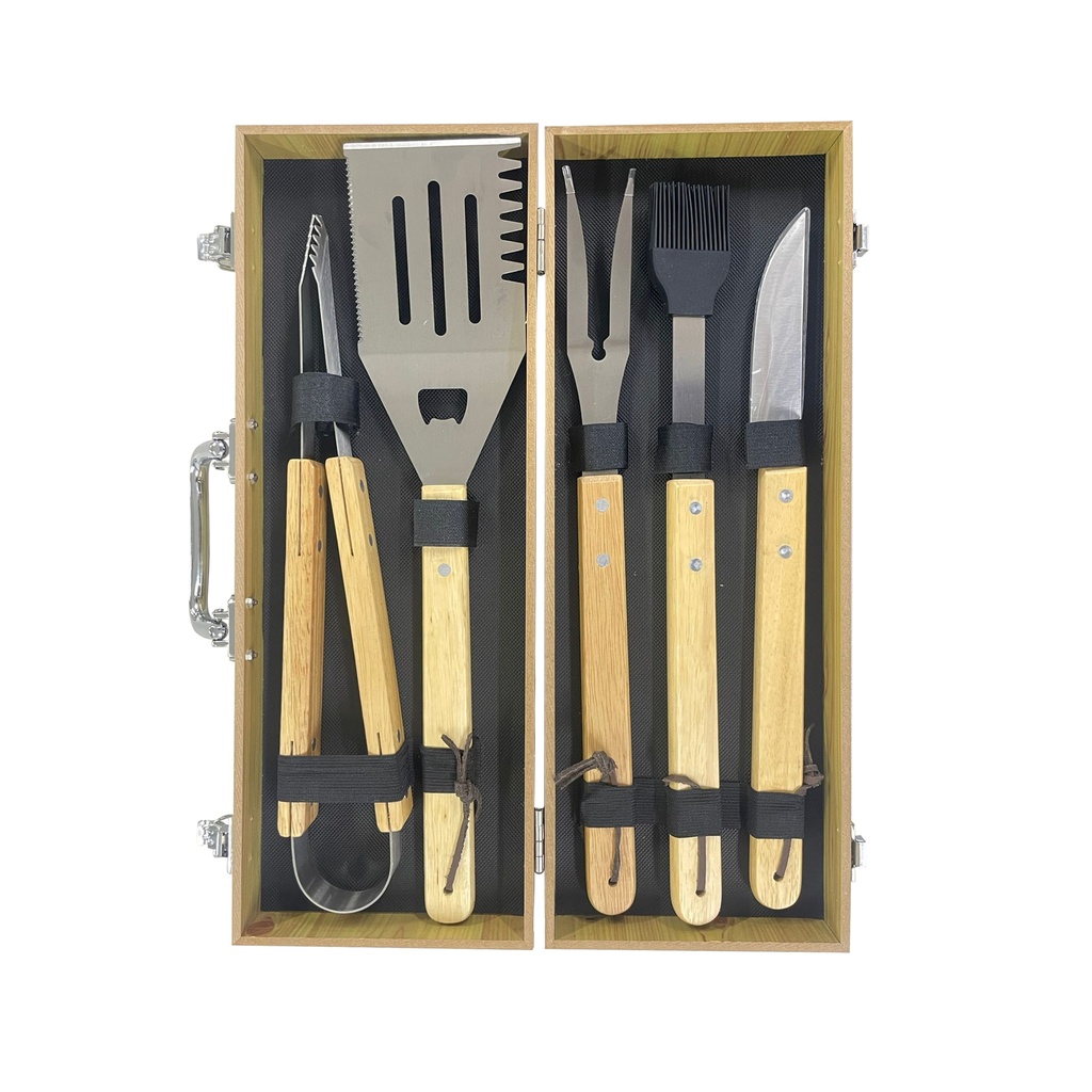 SET BBQ MALETÍN CAJA DE MADERA CON 5 UTENSILIOS