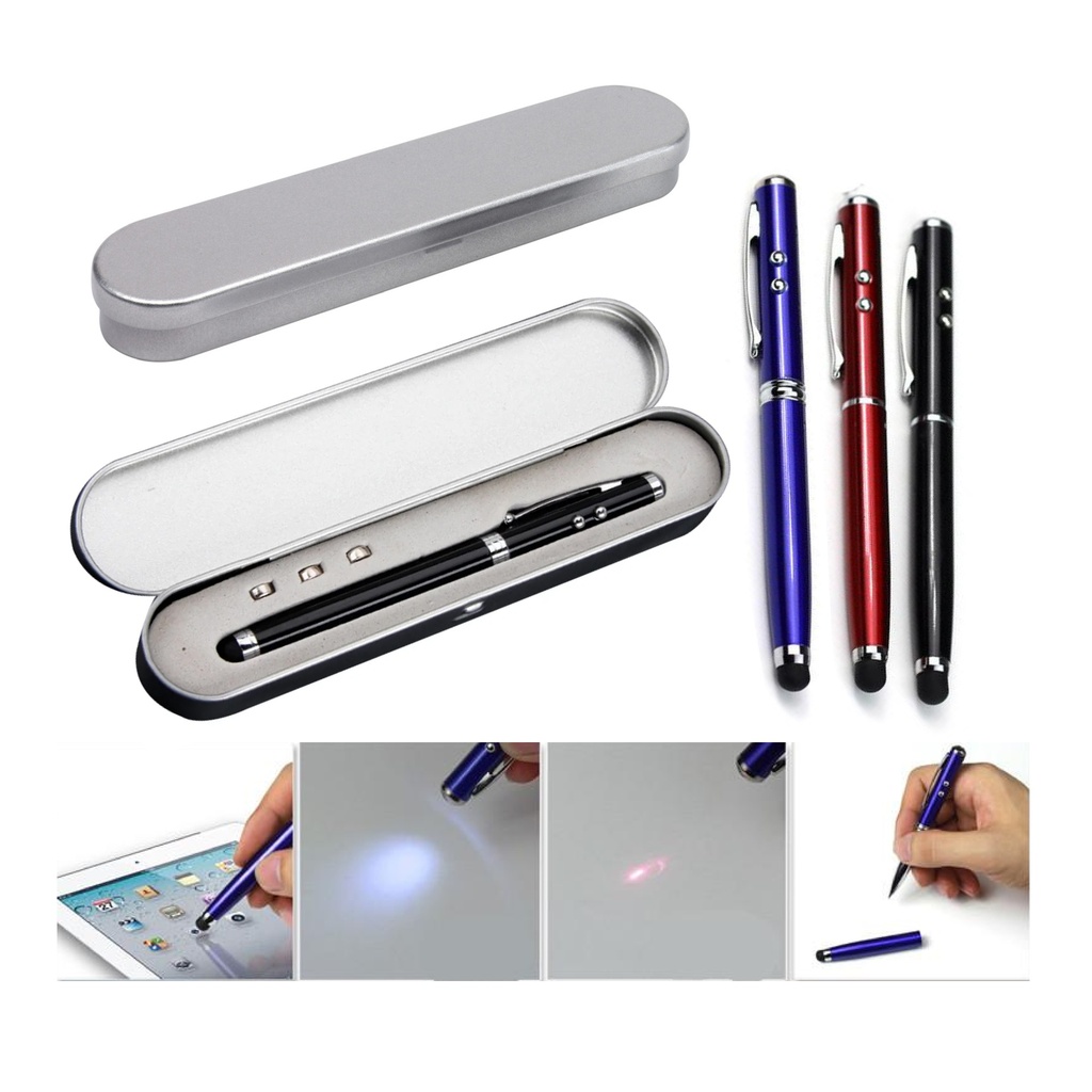 CAJA CON BOLÍGRAFO 4 EN 1 MULTIFUNCIONAL (INCLUYE 3 PILAS)