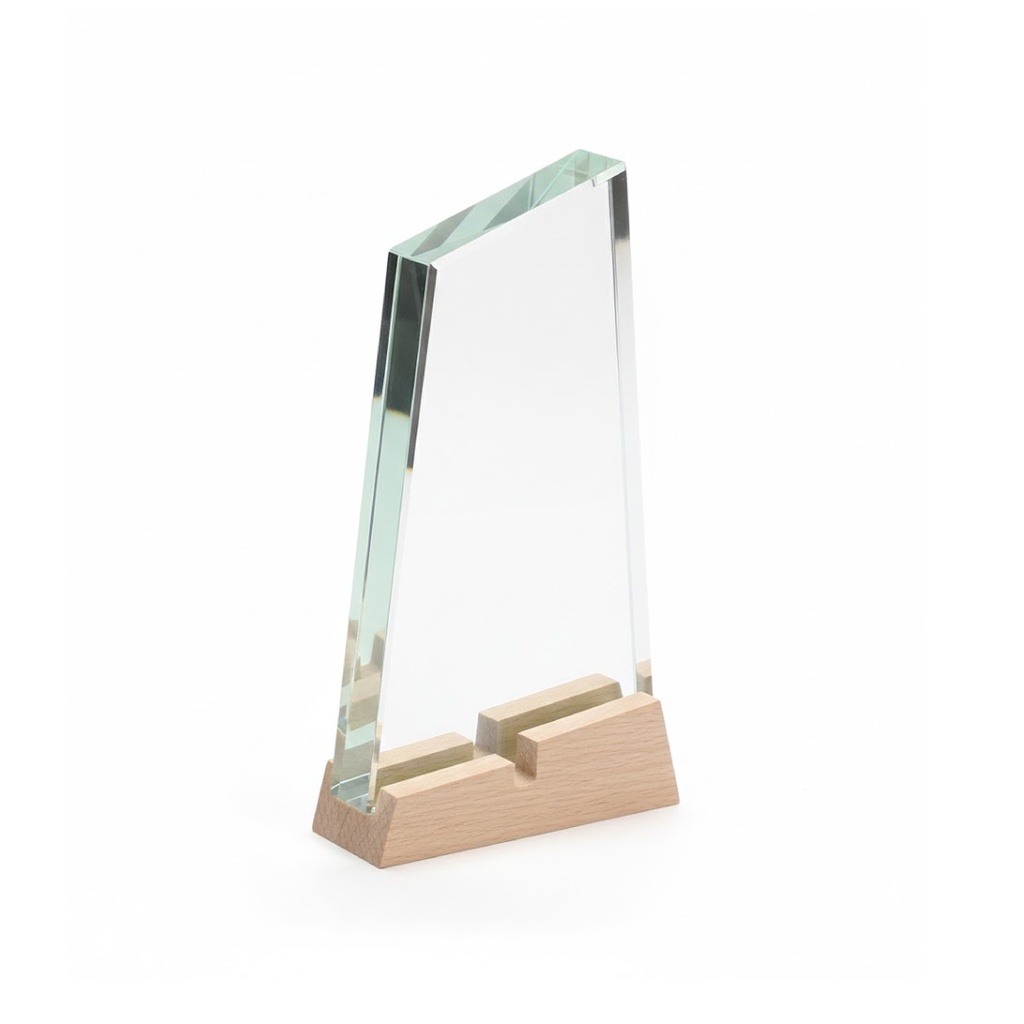 TROFEO DE CRISTAL LARGO CON BASE DE MADERA