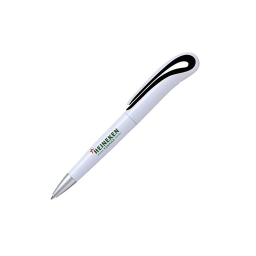 [PR-1038] PLUMA PLÁSTICA BLANCA, CLIP CURVO INTERIOR DE COLOR Y MECANISMO GIRATORIO