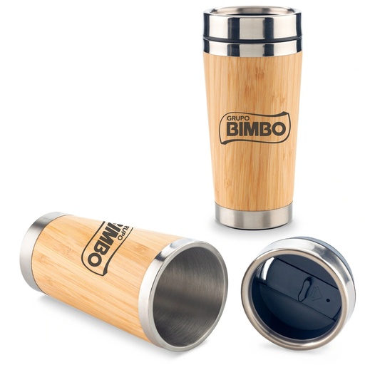 [BM-162] VASO TUMBLER EN ACERO Y BAMBOO CON TAPA ANTIDERRAME 16OZ