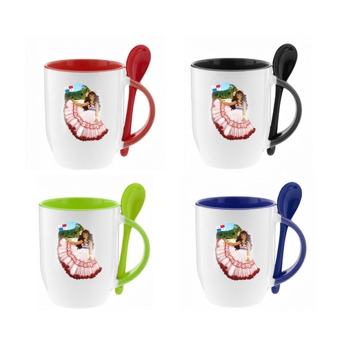 [BM-154] TAZA DE CERÁMICA CON CUCHARA Y PARTE INTERIOR DE COLOR 14OZ