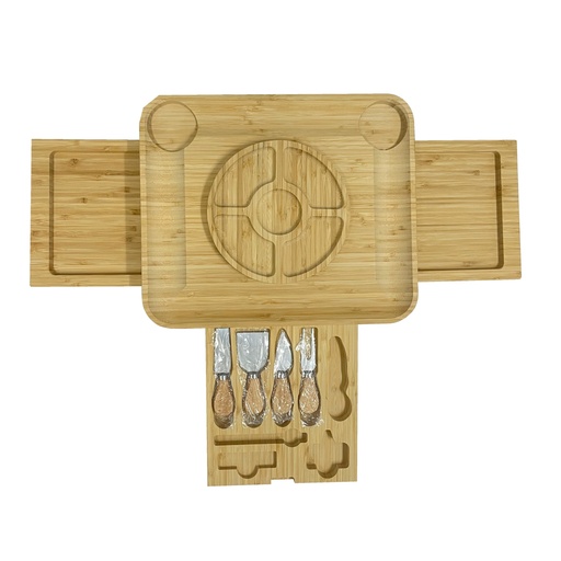 [BMARK-064] TABLA DE BAMBOO CON BANDEJAS EN COSTADOS Y SET DE 4 UTENSILIOS