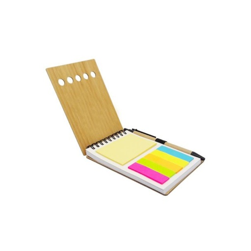 [1-474] LIBRETA ESPIRAL DE BAMBOO CON PARTE INTERNA CON BANDERITAS ADHESIVAS Y PLUMA